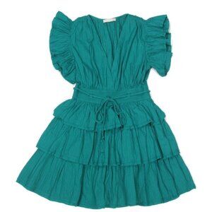 Ulla Johnson Camilla Teal Green Cotton Ruffle Flutter Sleeve Mini Dress Size 0